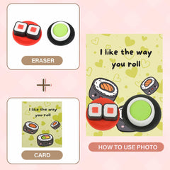 NUJOVI sushi eraser card design, easy to pair with personalized messages.