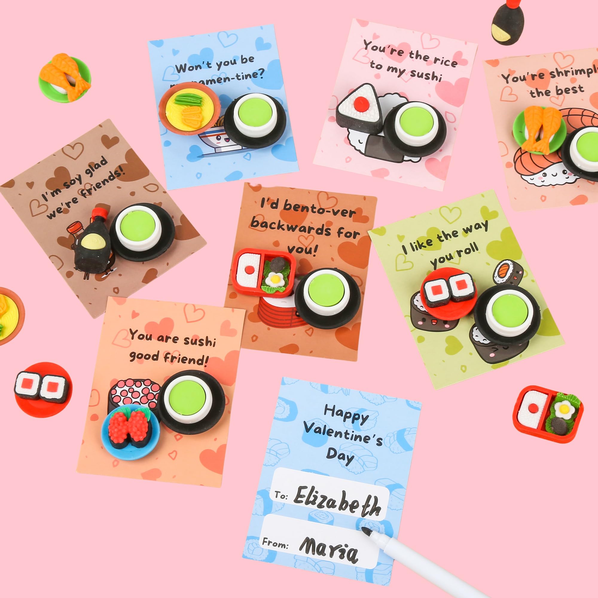 NUJOVI sushi eraser card kit, non-toxic materials for safe classroom fun.