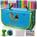 NUMI'SMILE dinosaur pencil case shown with colorful art supplies for organized school time