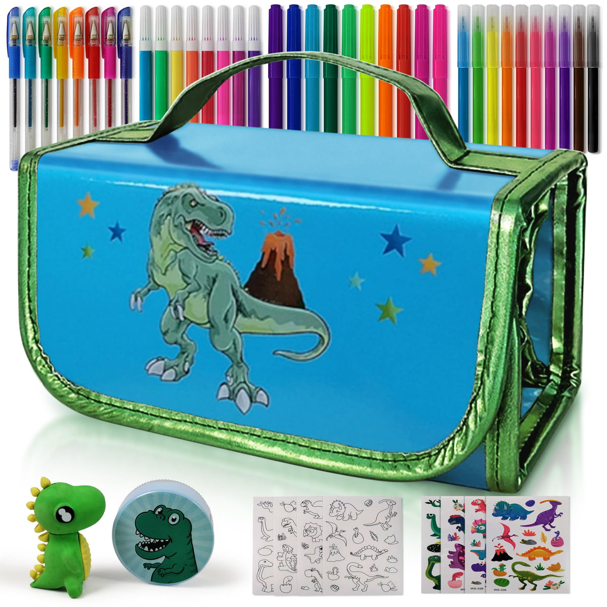 NUMI'SMILE dinosaur pencil case shown with colorful art supplies for organized school time