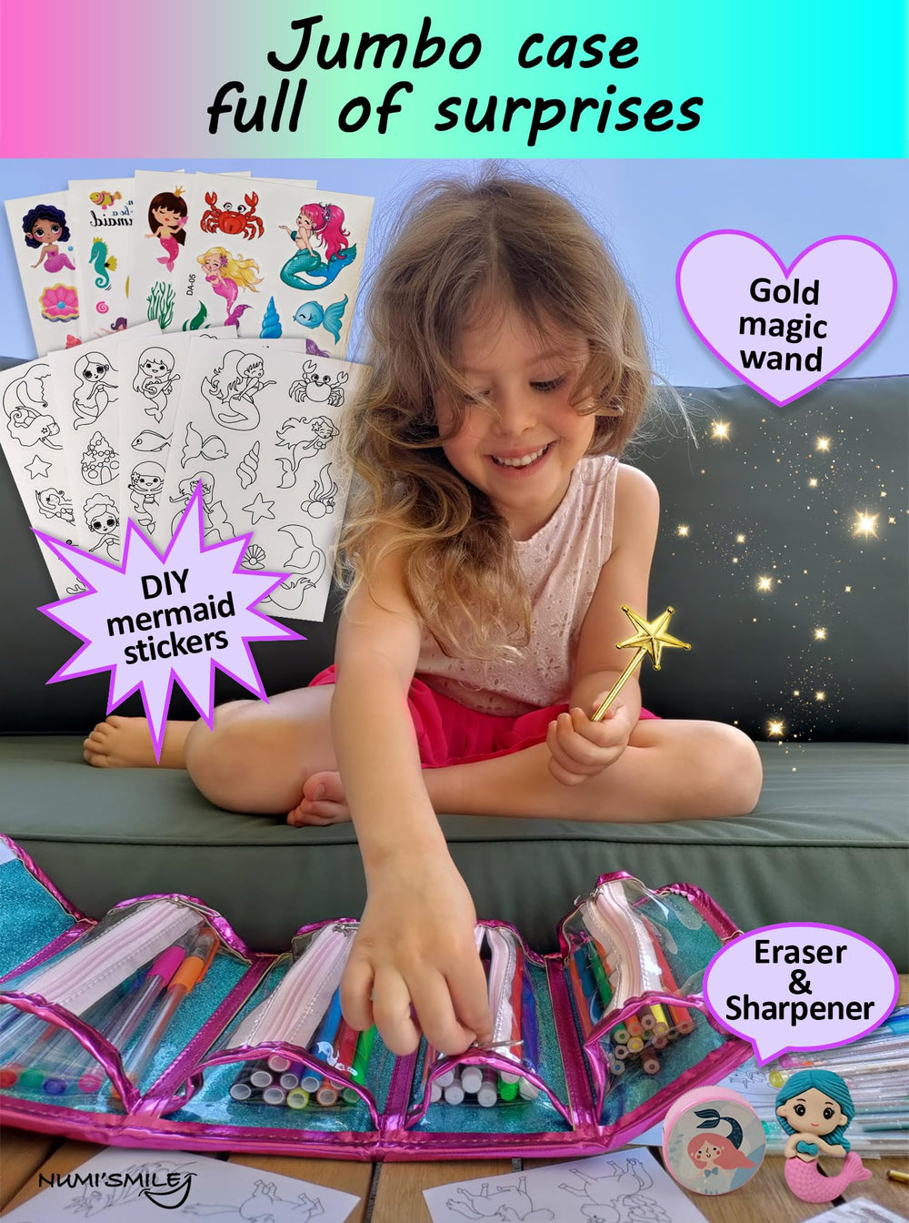 NUMI'SMILE Mermaid art kit suited for school, travel, or thoughtful gifts.