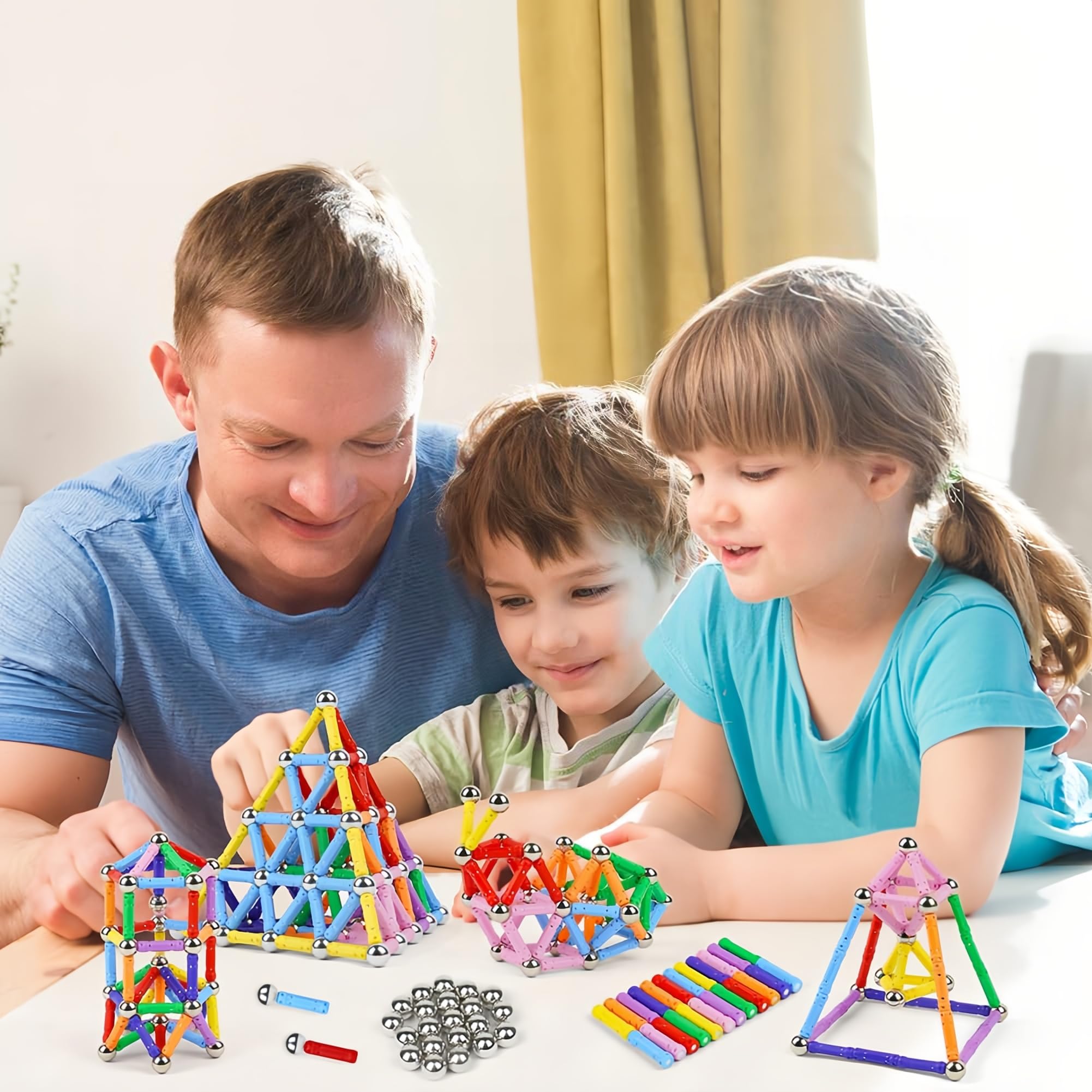 Nuorao kit featuring colorful sticks joined by magnets to form 3D structures.