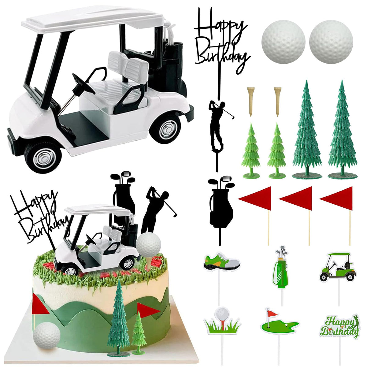 Nuotuv golf cart decor enhances cake presentation with a white cart centerpiece.