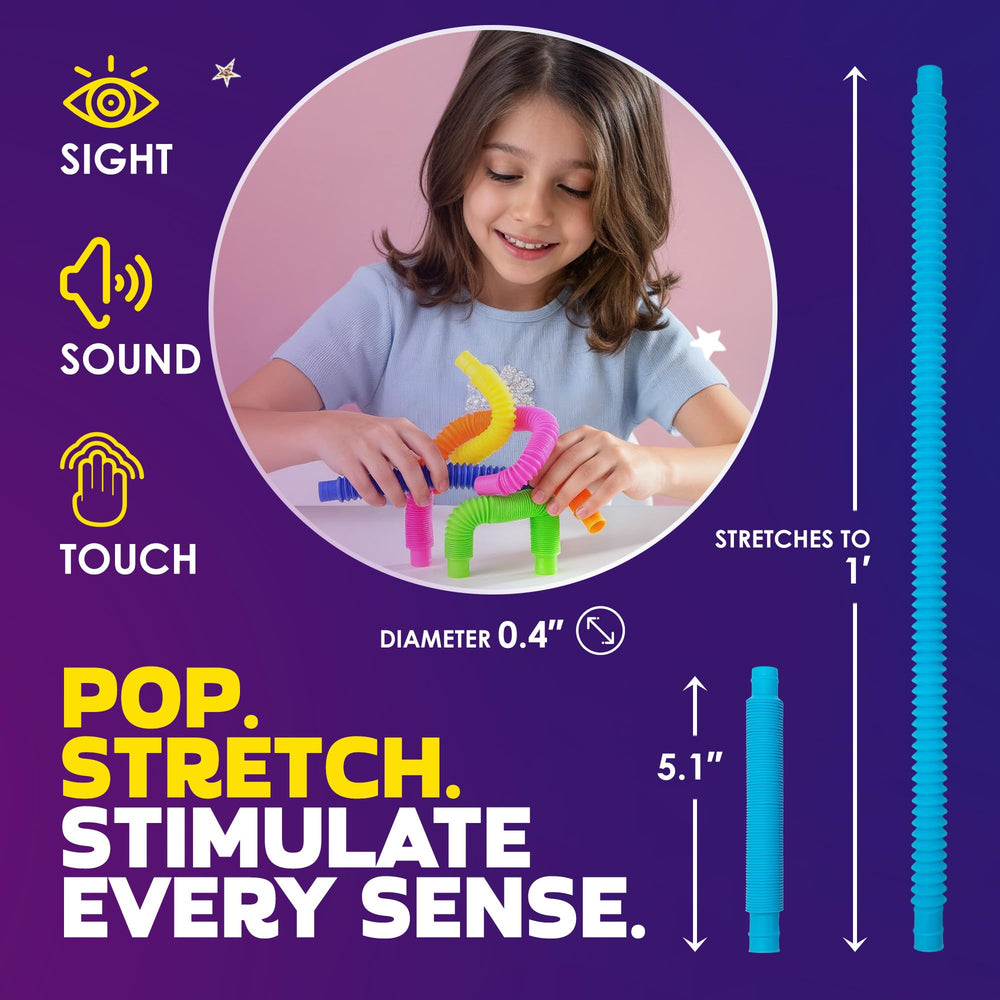 Nutty Toys Mini Pop Tubes in bright colors support fine motor skills and exploration