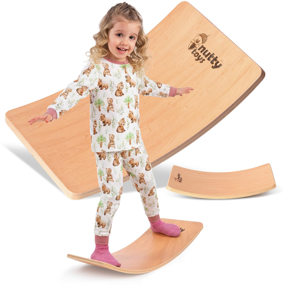 Nutty Toys Montessori Wobble Board side view highlights natural wood and balance.