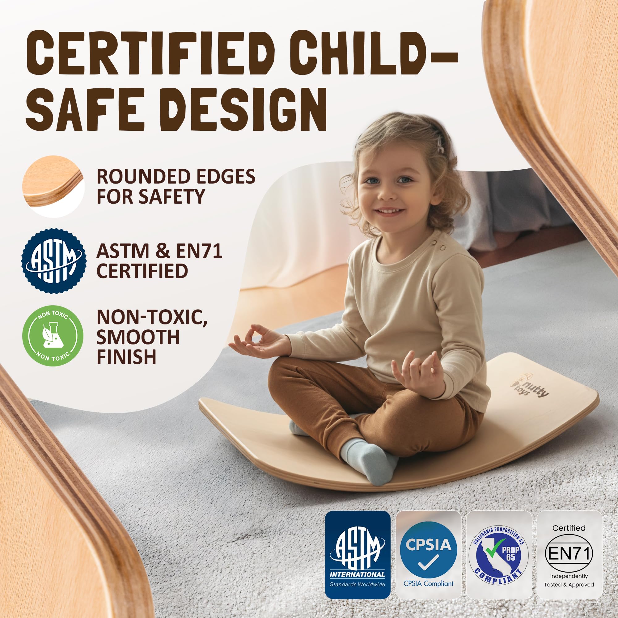Nutty Toys Montessori Wobble Board top view showcases smooth finish and compact footprint.