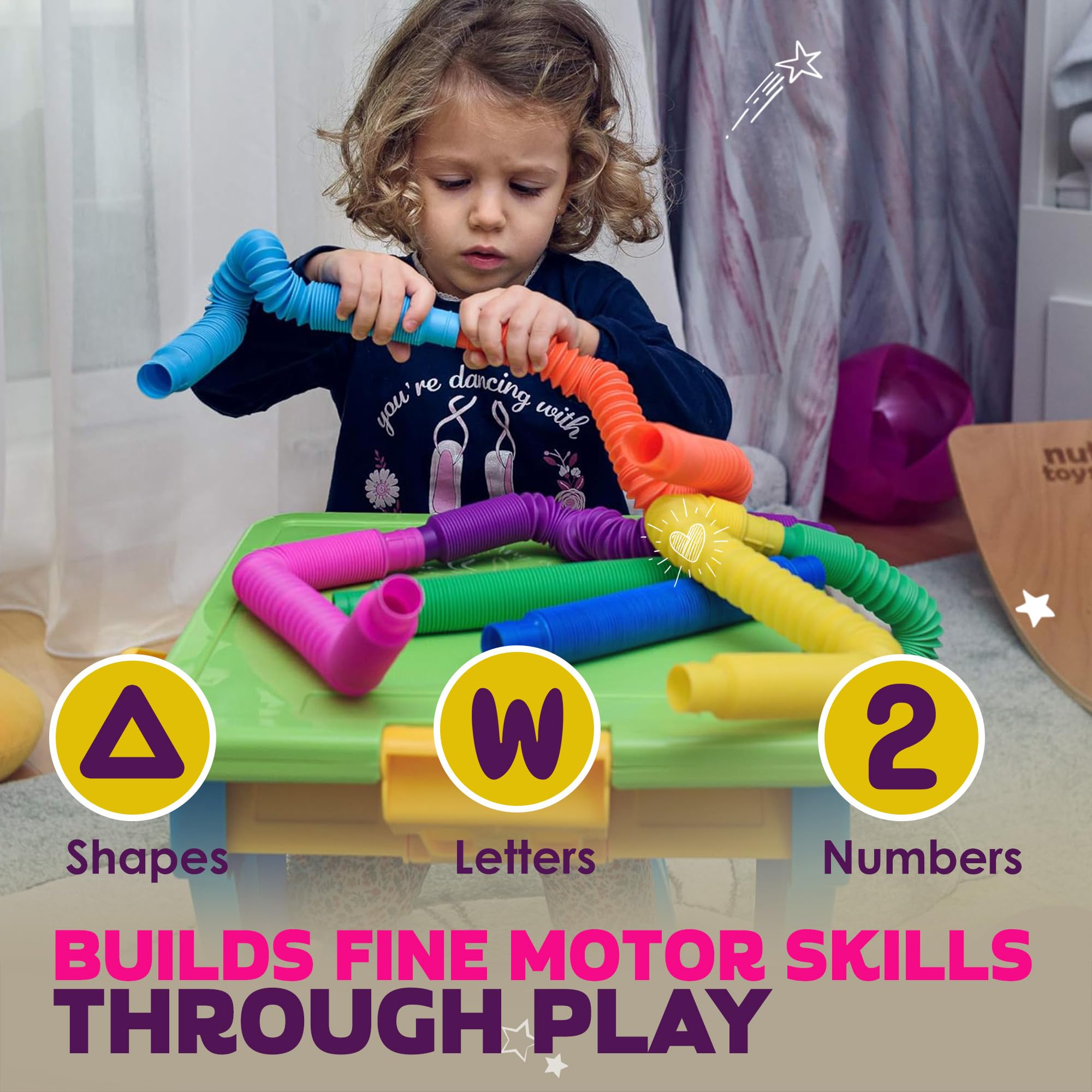 Nutty Toys Pop Tubes: durable BPA-free plastic withstands fidgeting and bending.