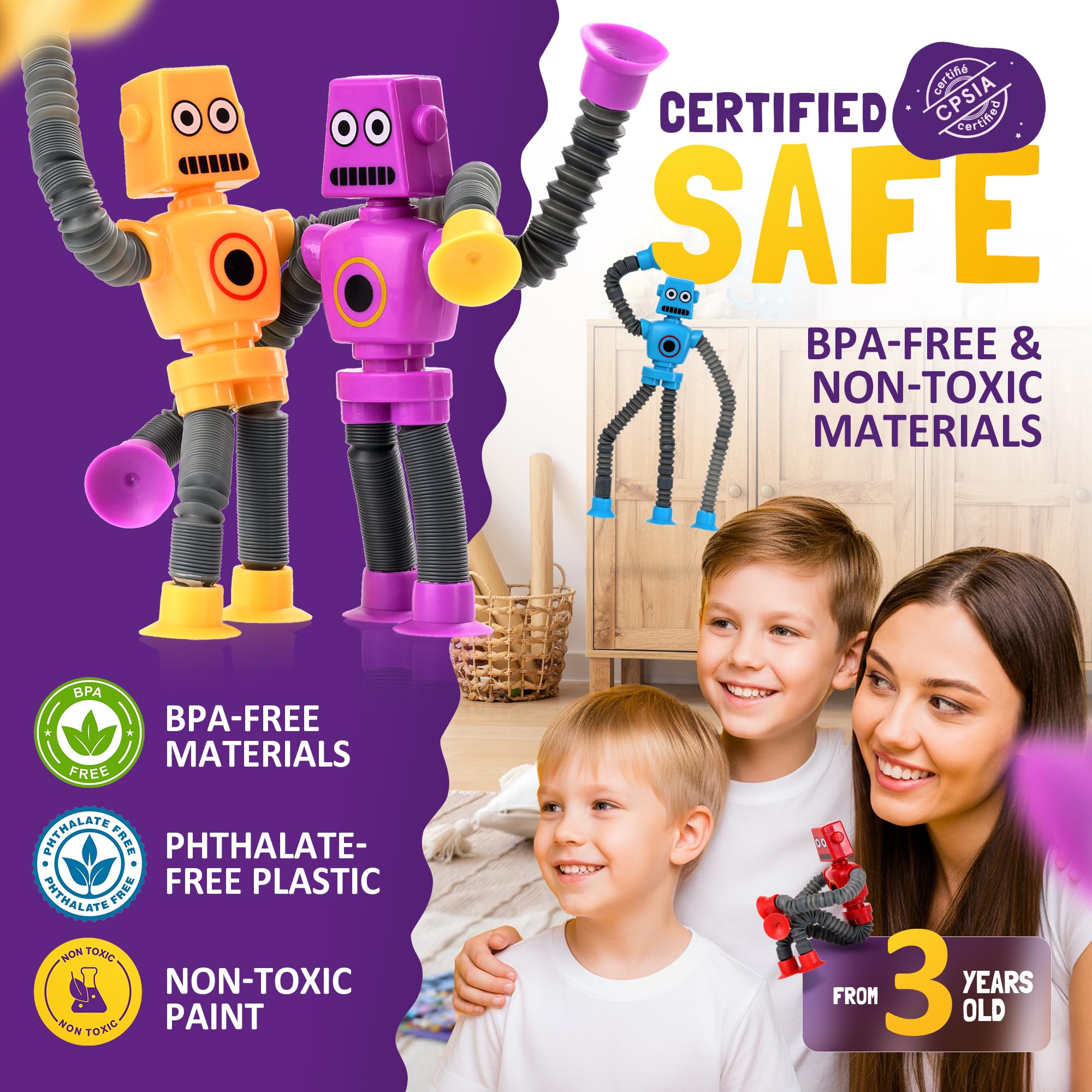 Nutty Toys robot with suction cup limbs for easy attachment to windows and desks.