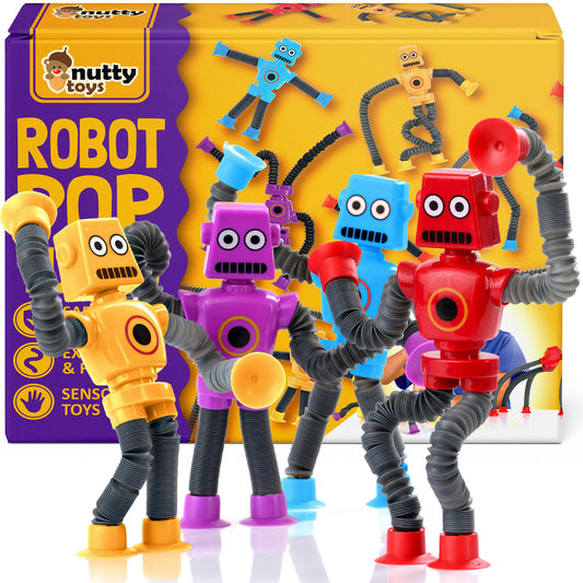 Nutty Toys sensory robot with pop tubes 4-pack promotes tactile exploration on the go.