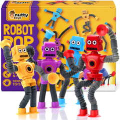 Nutty Toys sensory robot with pop tubes 4-pack promotes tactile exploration on the go.