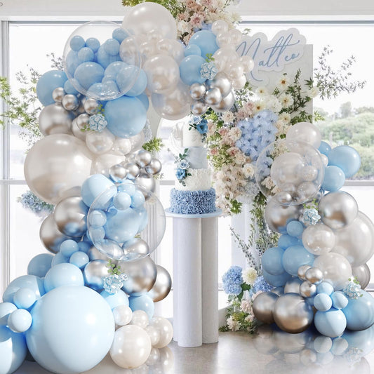 NuttyBash balloon contents in blue, white, silver for vibrant decor