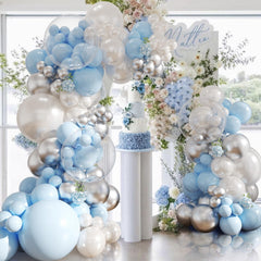 NuttyBash balloon contents in blue, white, silver for vibrant decor