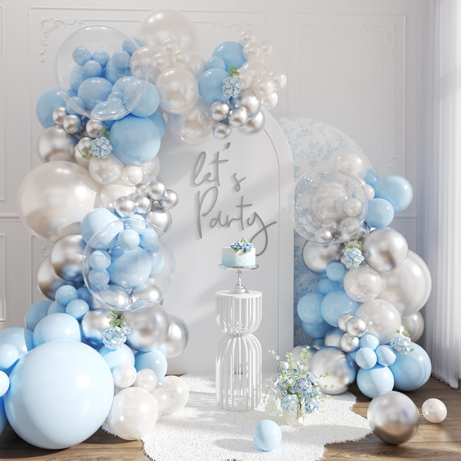 NuttyBash blue and silver balloon arch kit backdrop for weddings and parties