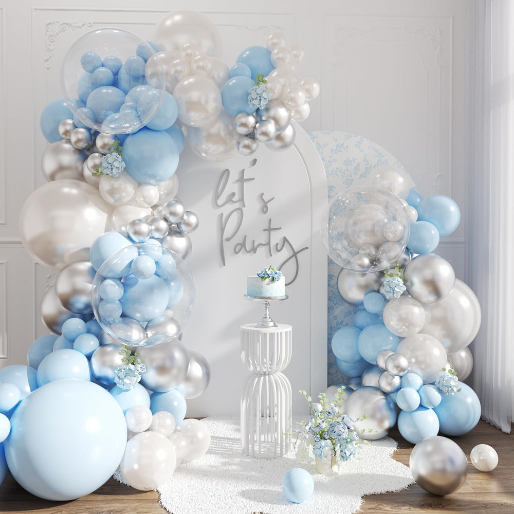NuttyBash blue and silver balloon arch kit backdrop for weddings and parties