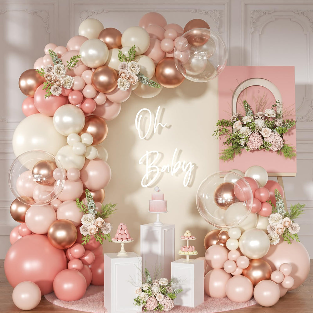 NuttyBash dusty-pink balloon arch kit shown as a dramatic wedding backdrop.