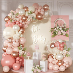 NuttyBash dusty-pink balloon arch kit shown as a dramatic wedding backdrop.