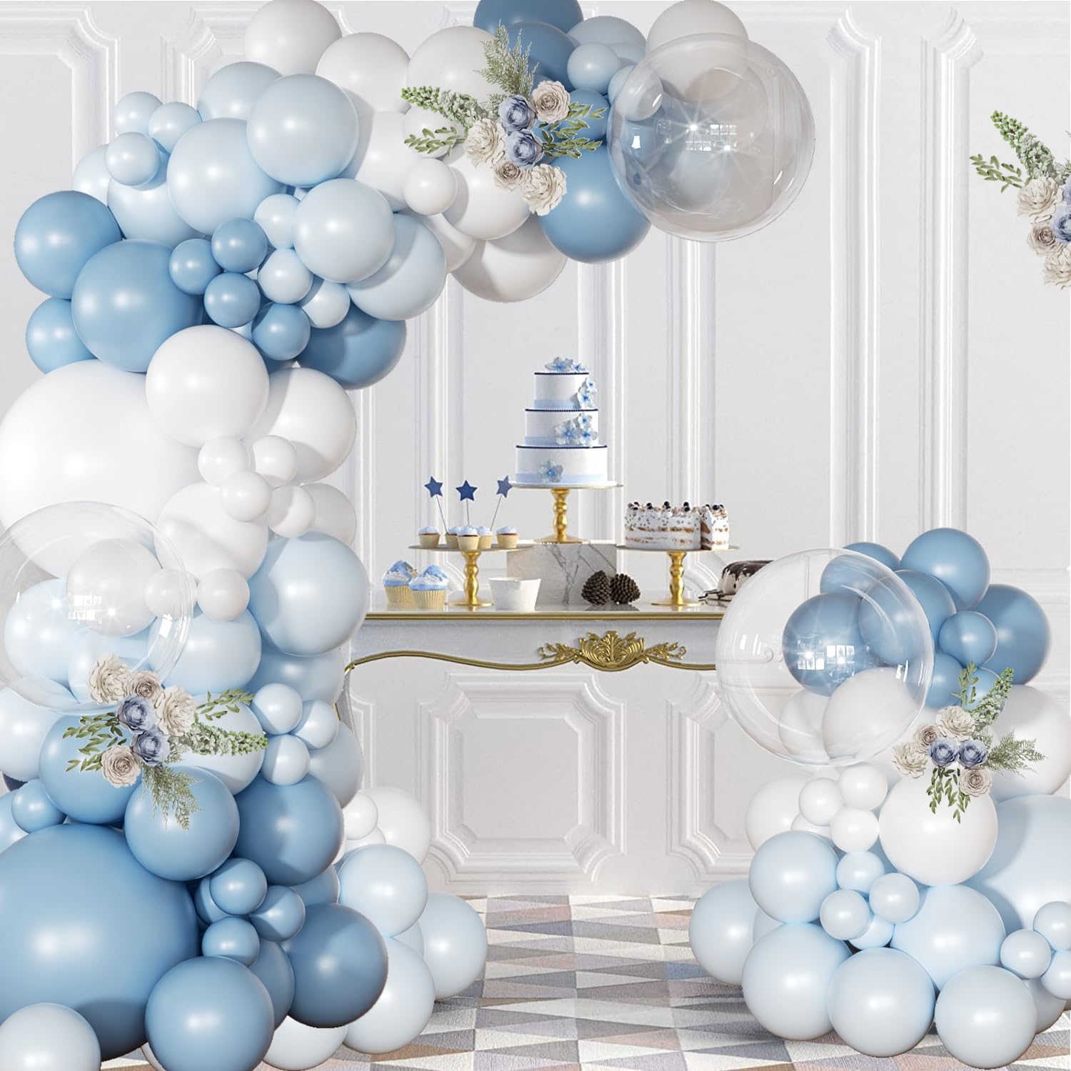 NuttyBash light blue and white balloons in multiple sizes for flexible decorating.