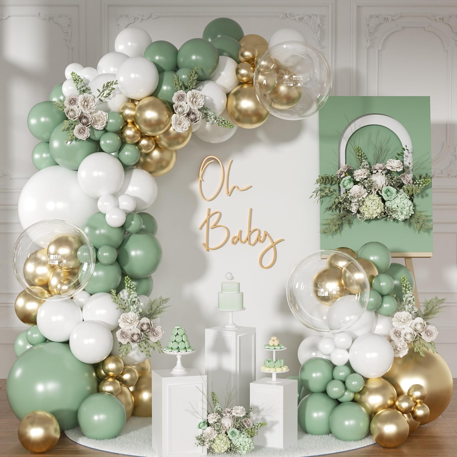 NuttyBash sage green balloon arch kit setup demonstrates a quick backdrop for events