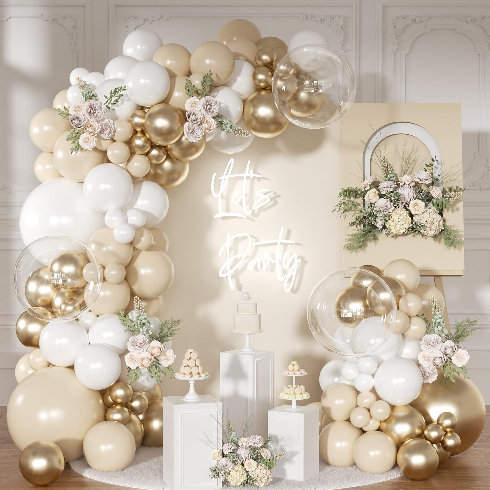 NUTTYBASH white-gold balloon arch kit packaging for an easy wedding backdrop
