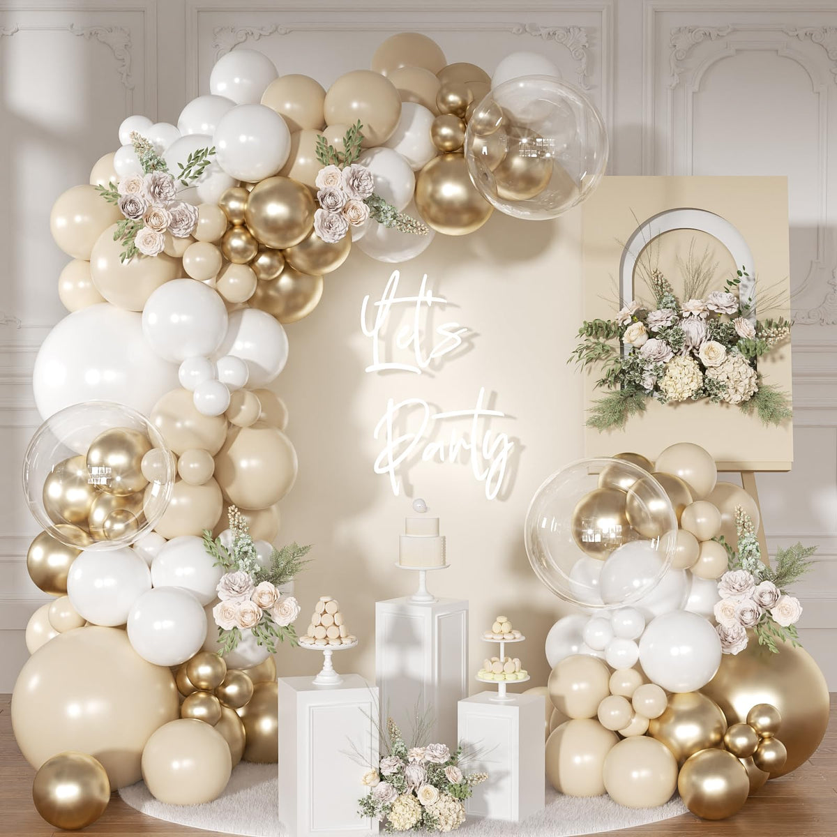 NUTTYBASH white-gold balloon arch kit packaging for an easy wedding backdrop