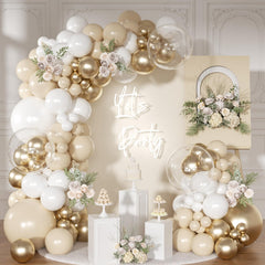 NUTTYBASH white-gold balloon arch kit packaging for an easy wedding backdrop