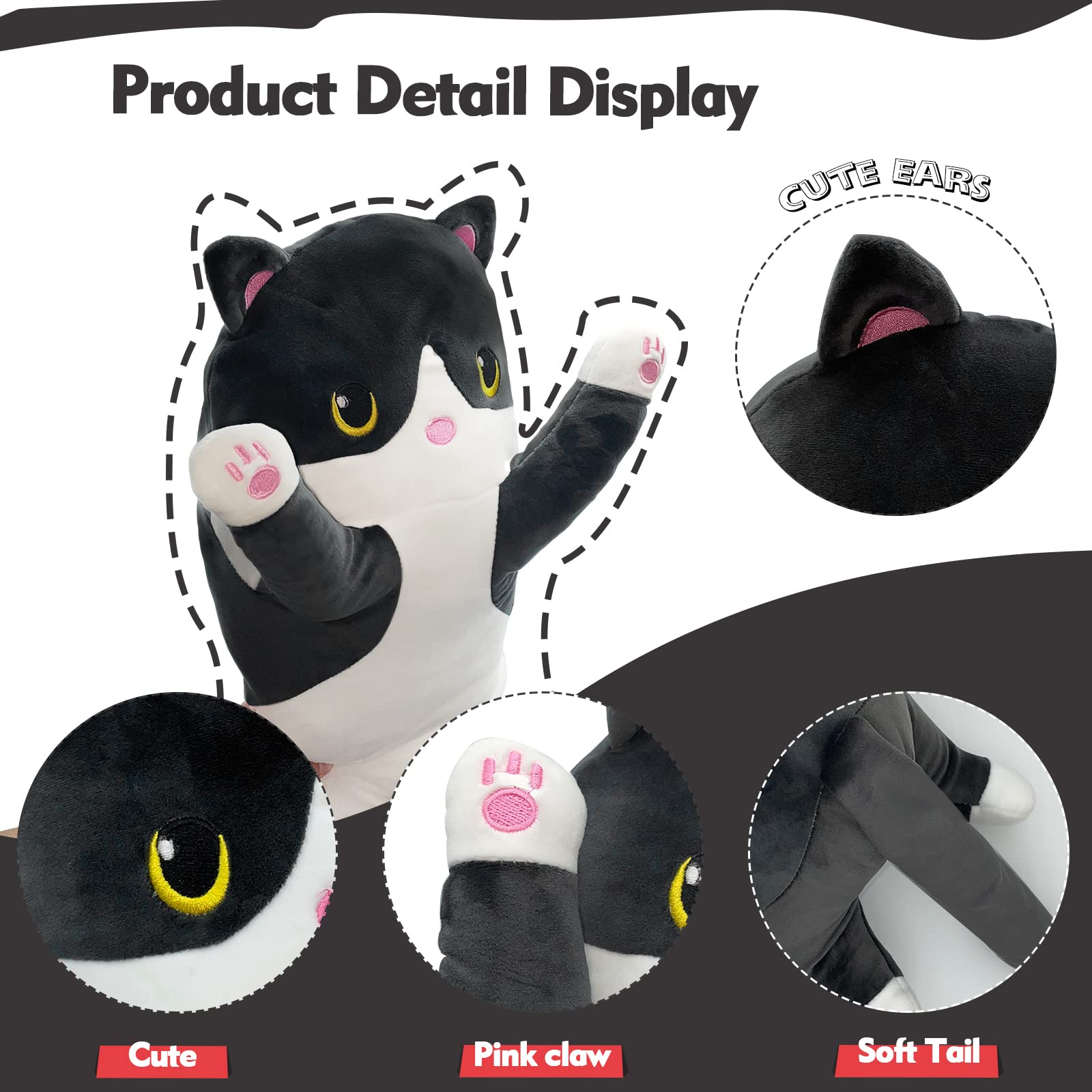 NXNYNZ Long Cat Plush Pillow, 27.5in black, cozy support for reading or watching.