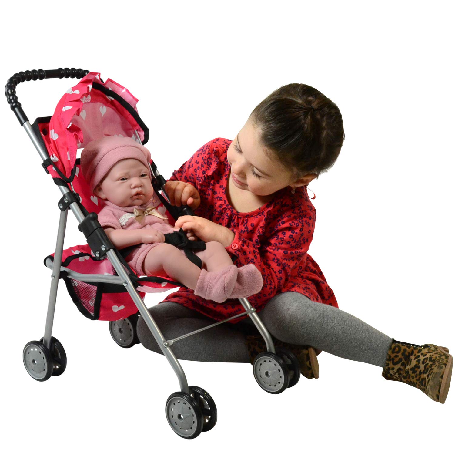 The New York Doll Collection durable doll stroller with double wheels stays steady