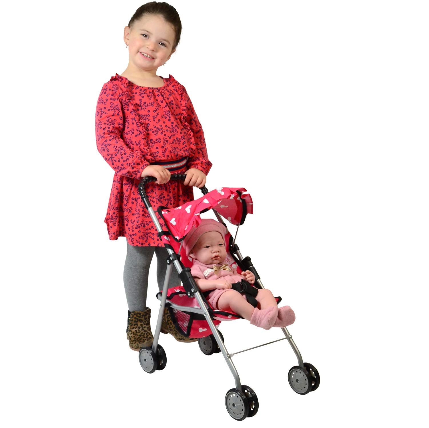 The New York Doll Collection pink heart stroller basket for accessories
