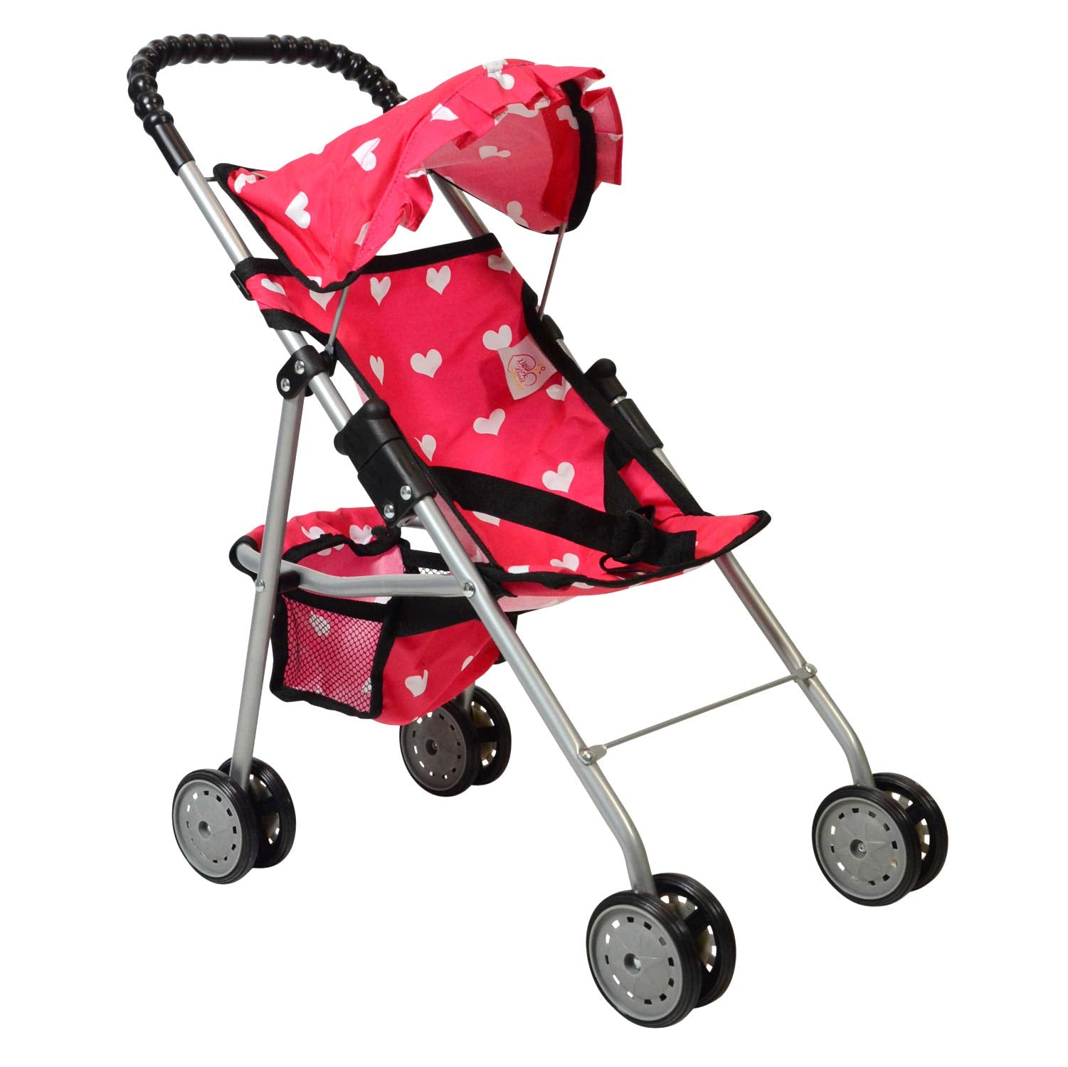 The New York Doll Collection pink heart stroller hood shading during outdoor play