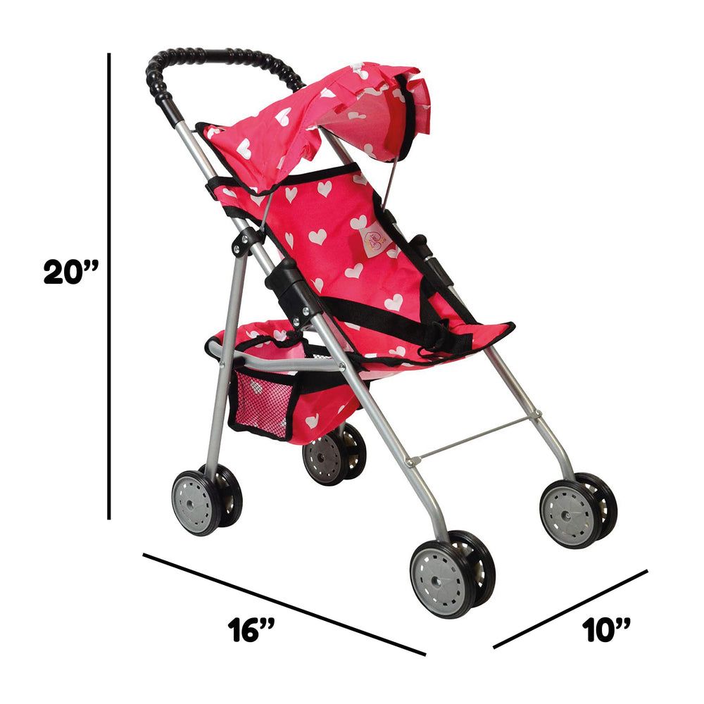 The New York Doll Collection pink stroller folds flat for quick tidy-up