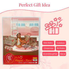 Coral floral print finish on nydoll accessories sparks cheerful, imaginative play.