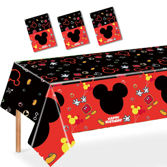 Nyhpar mouse party tablecloth set shows bold graphics for festive birthday tables.