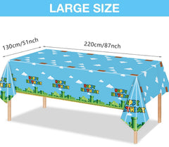 Nyhpar tablecloth featuring mushrooms and blocks enhances ambient party decor
