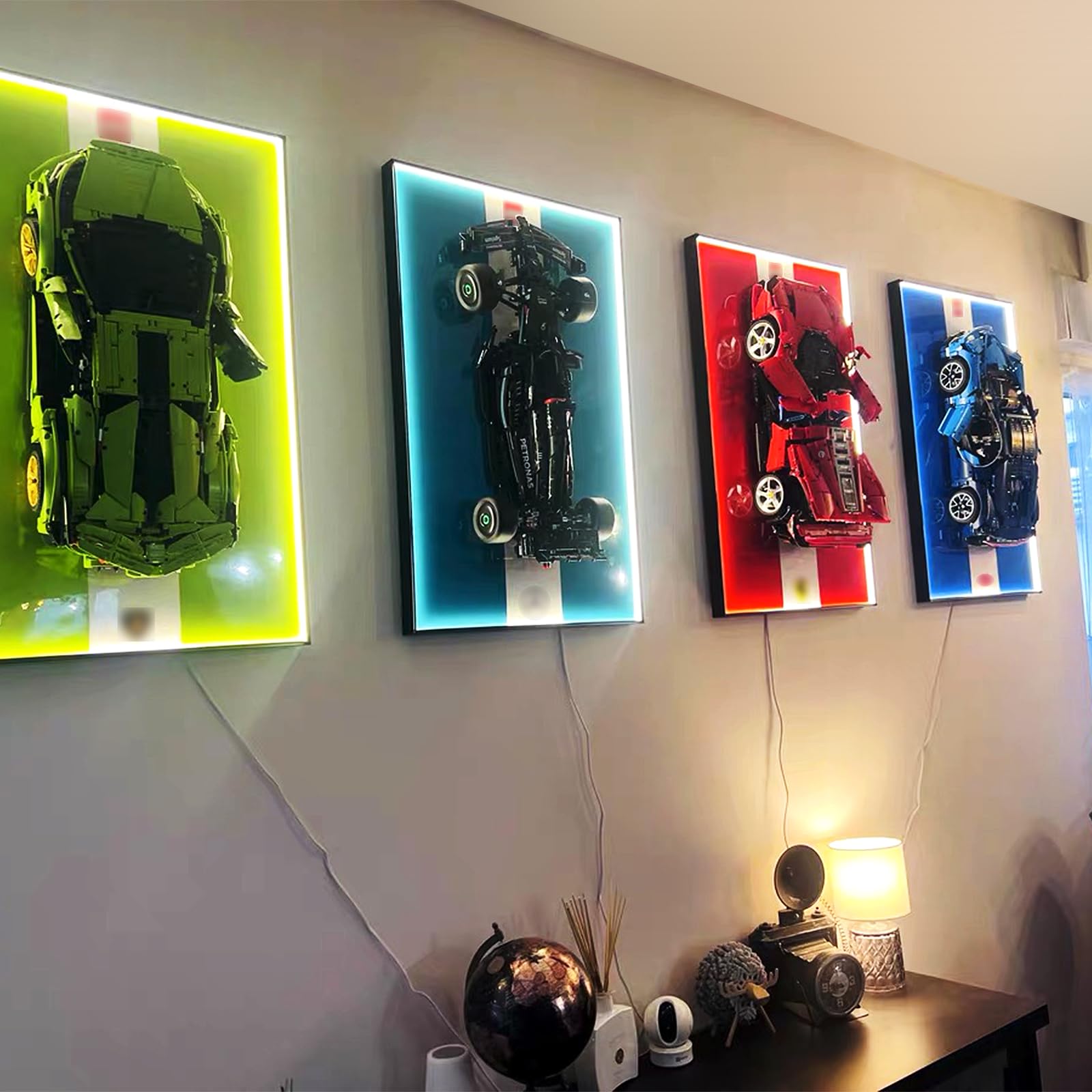 NyTfxkeJ LED-lit frame creates a dramatic LEGO display at home or in the office.