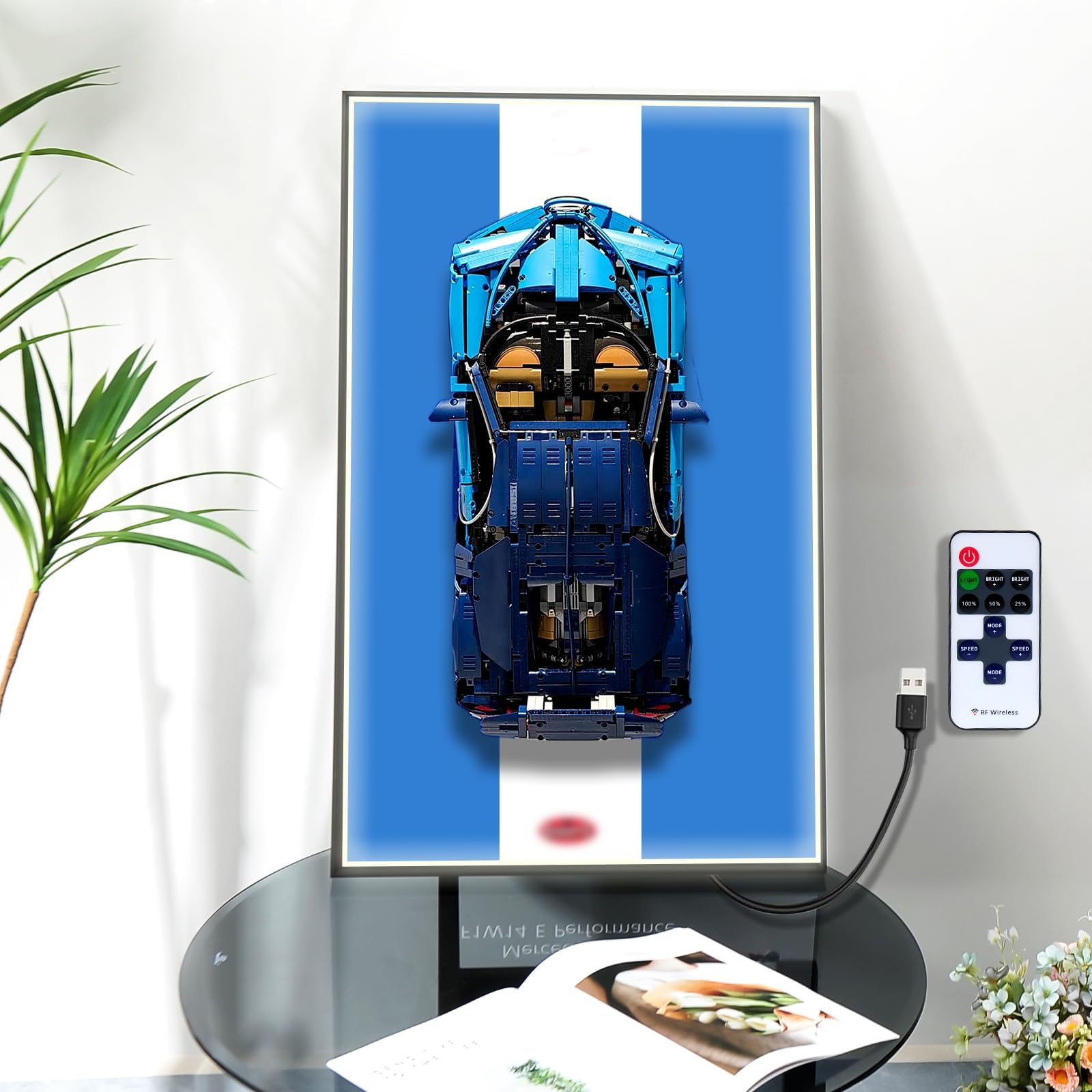 NyTfxkeJ wallboard with LED light highlighting the LEGO display for bright visibility.