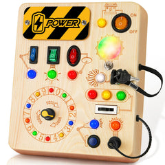 OakJAR Busy Board front LED lights invite exploration and develop fine motor skills.