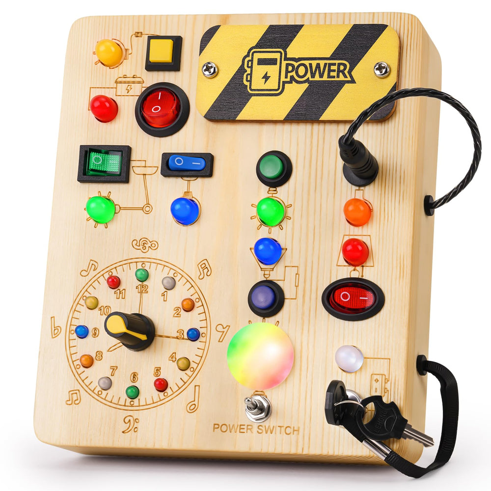 OAKJAR Busy Board LED light activity, engaging toddlers with colorful switches for early exploration.