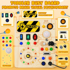 OakJAR Busy Board switches and buttons close-up boosts hand-eye coordination through tactile play.