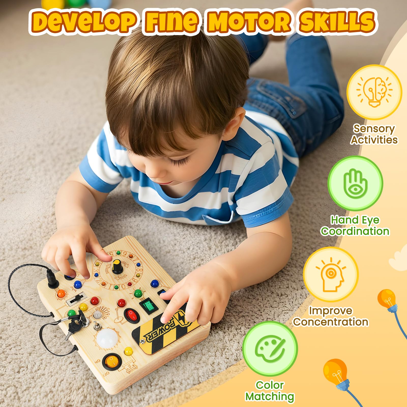 OakJAR Busy Board wooden frame offers safe, rounded edges for little hands.