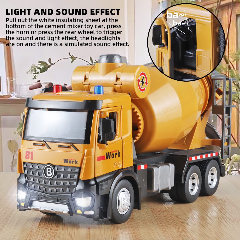 OANMYJJO cement mixer truck doors open and front lights illuminate, adding realism.
