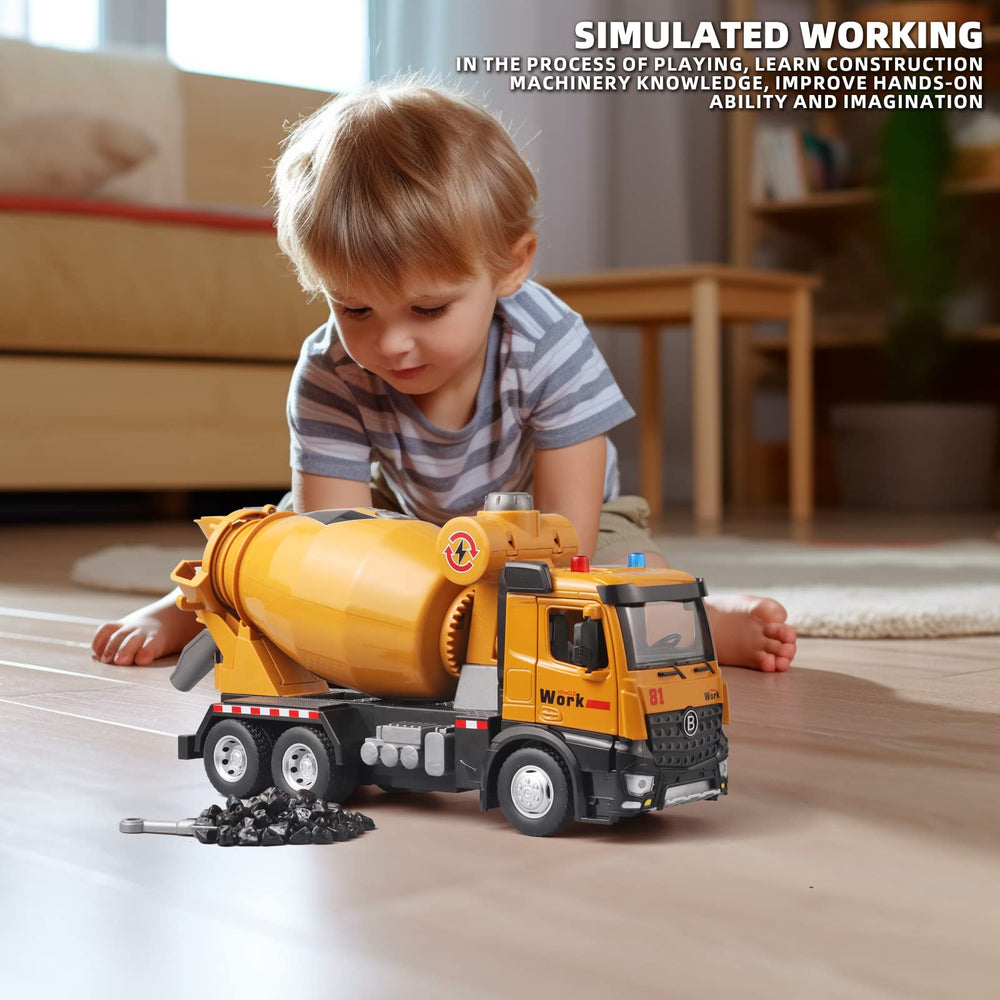 OANMYJJO cement mixer truck horn press triggers lights and sound for engaging play.