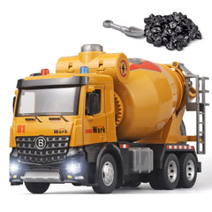 OANMYJJO cement mixer truck model with sounds and lights, durable metal body for imaginative play.