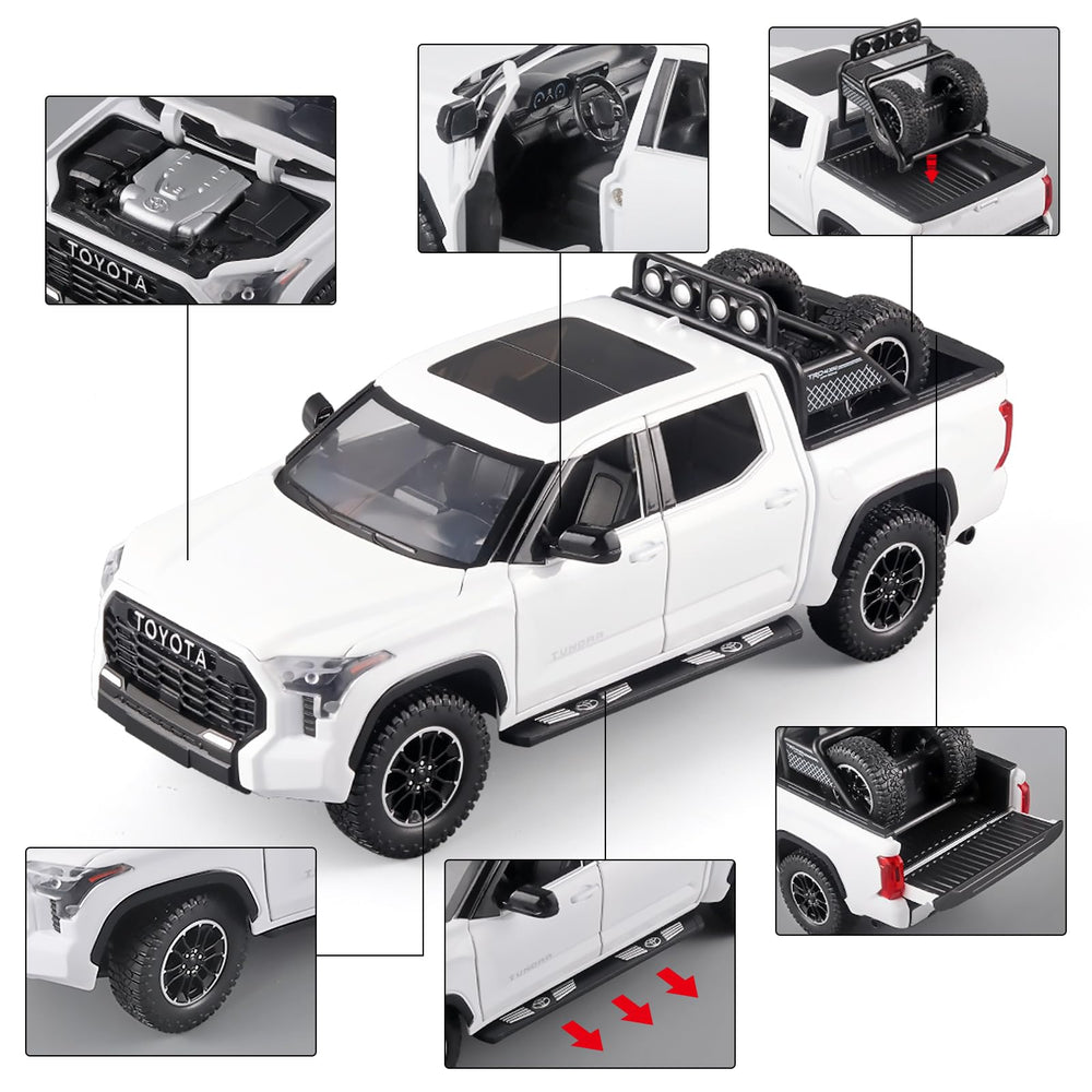 OANMYJJO White Tundra diecast truck rear view highlights pull-back function and lights.