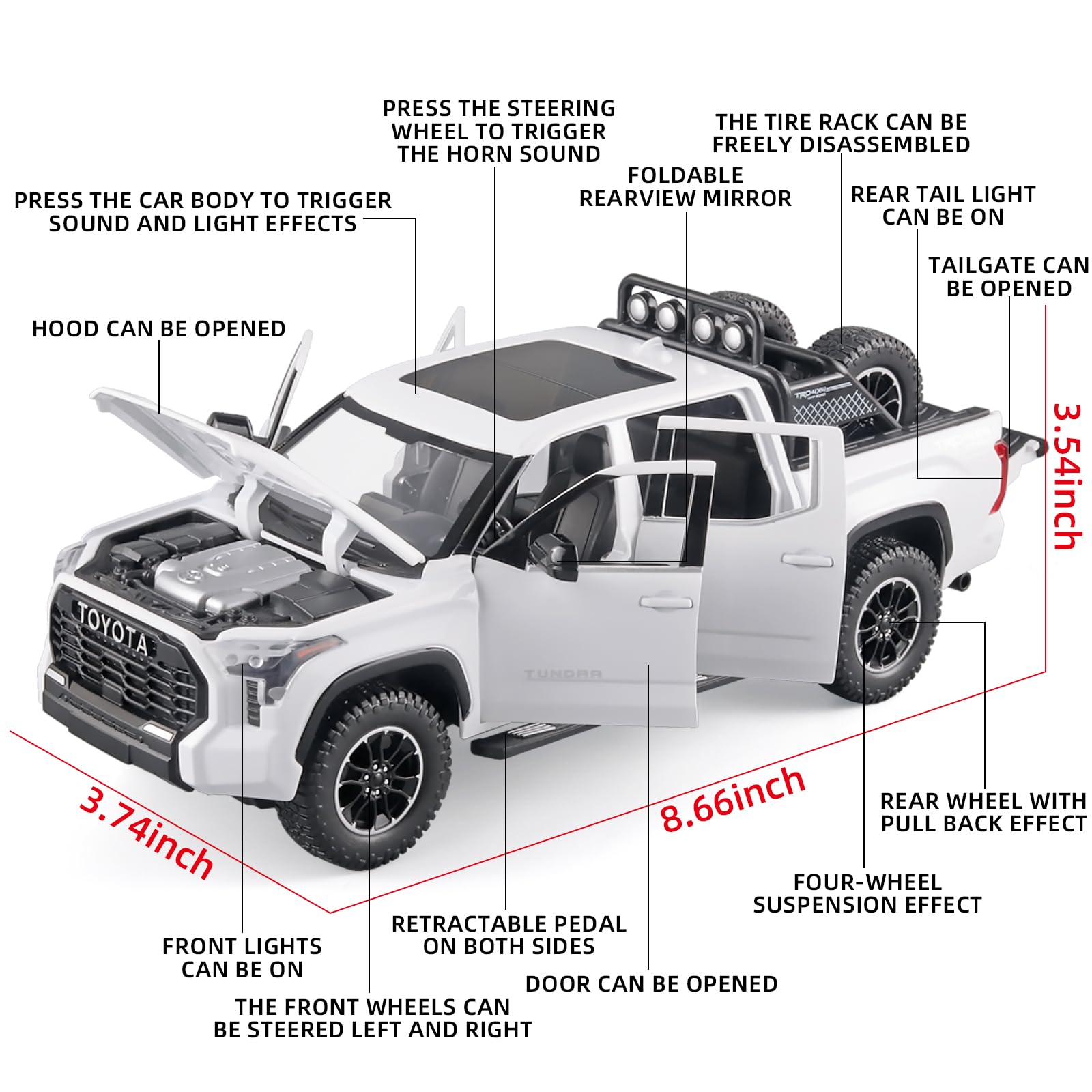 OANMYJJO White Tundra diecast truck top view reveals authentic cockpit details.