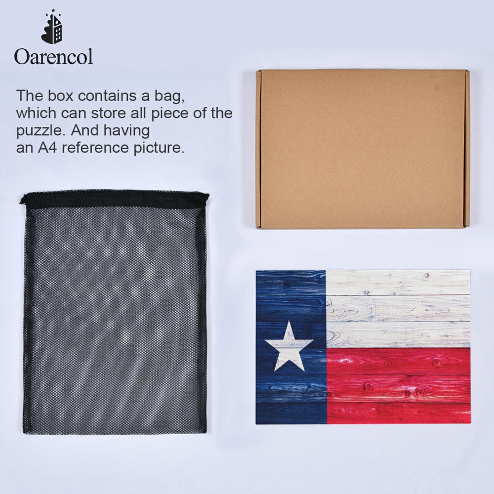Oarencol 1000-piece Texas puzzle includes storage bag and reference print.