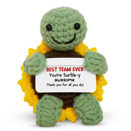 OASSIE turtle crochet with message card on a desk for appreciation