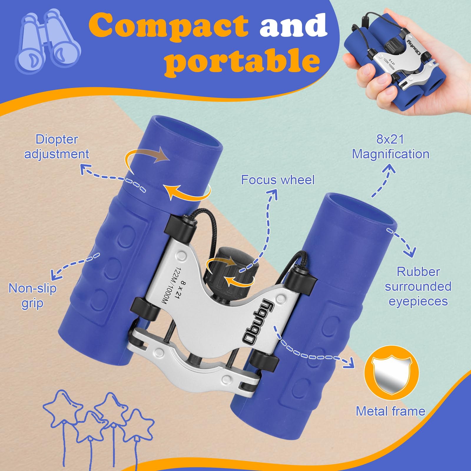 Obuby Kids Binoculars blue folded compact design for travel.