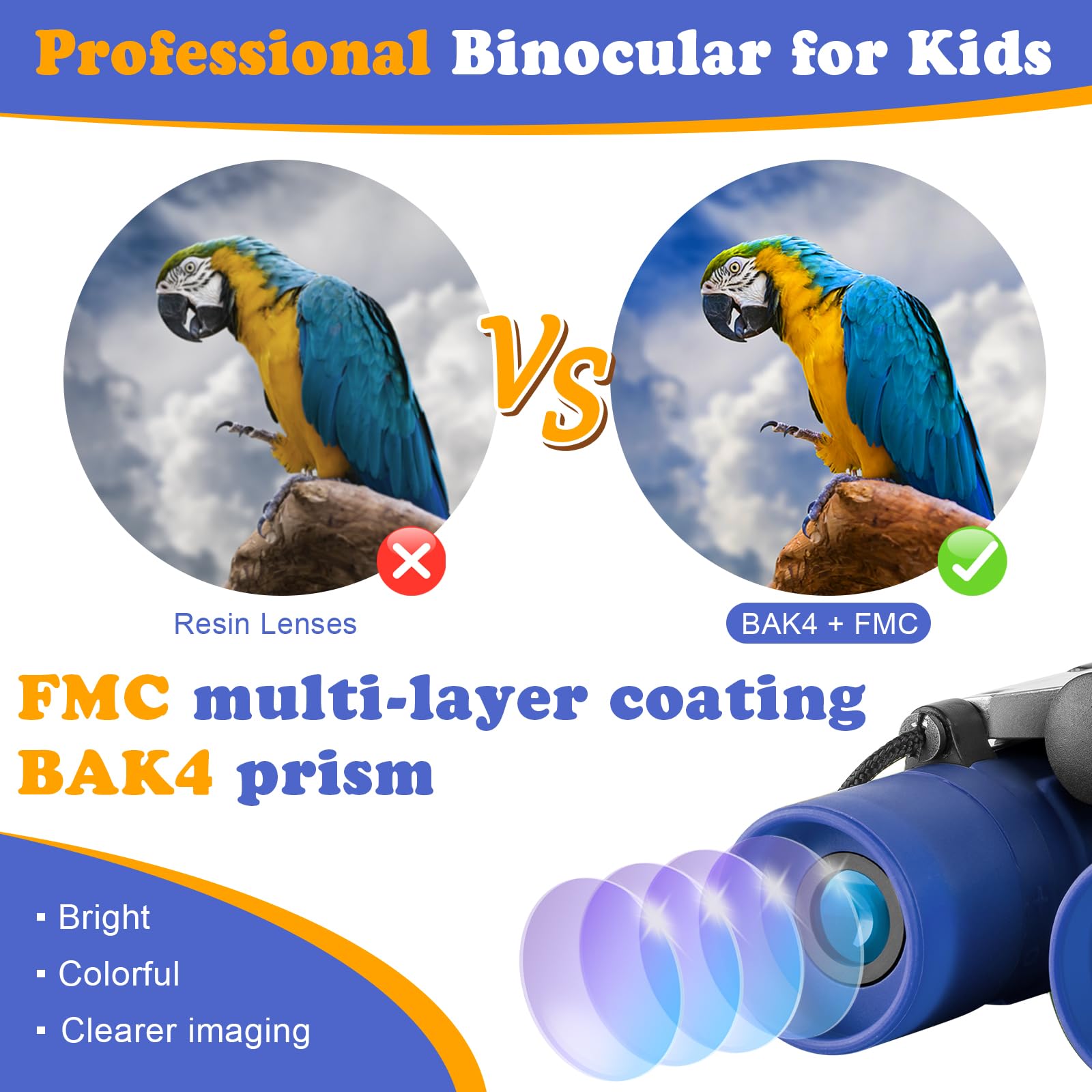 Obuby Kids Binoculars blue BAK-4 prism coating for crisp images.