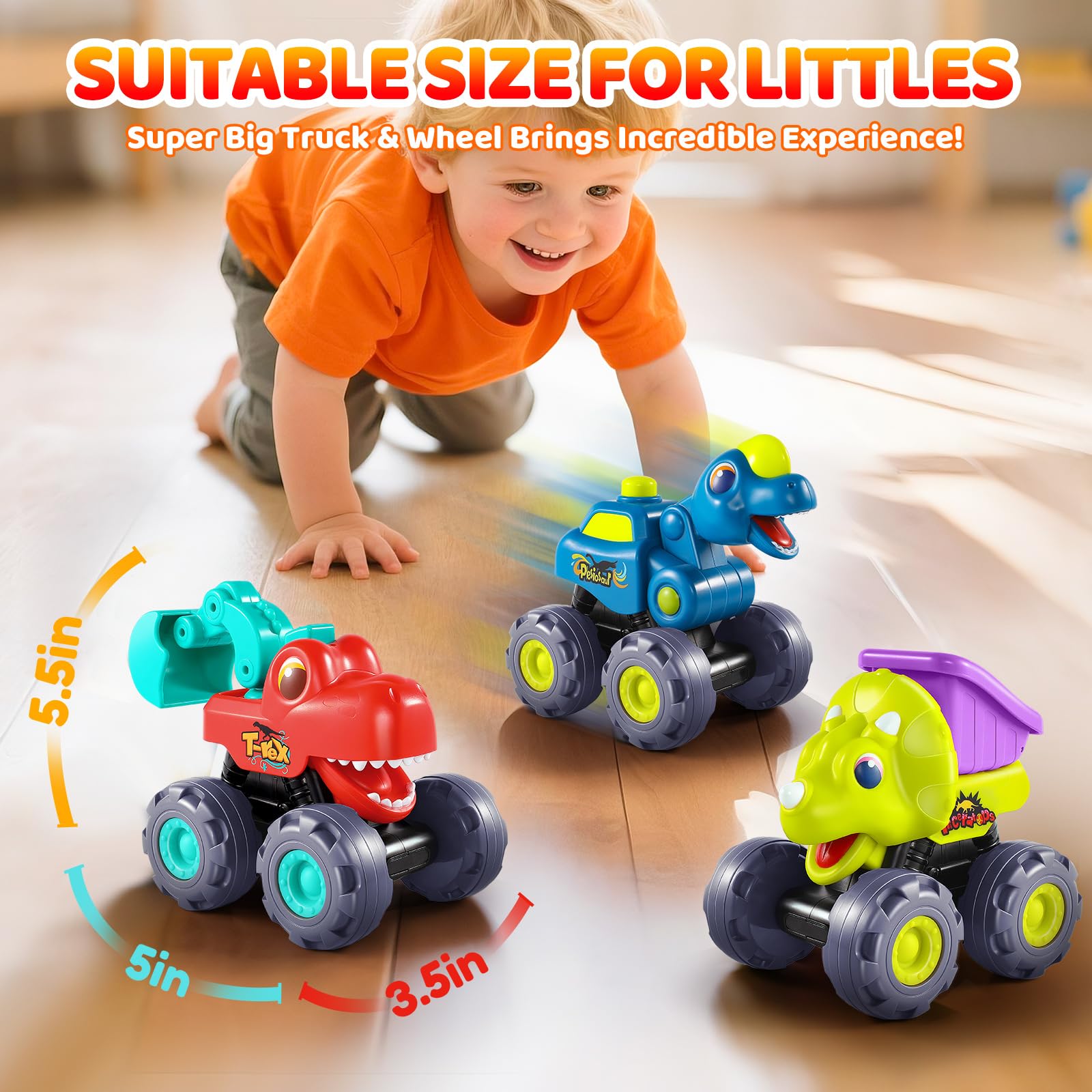 OCATO bright-colored dinosaur trucks attract kids to active play