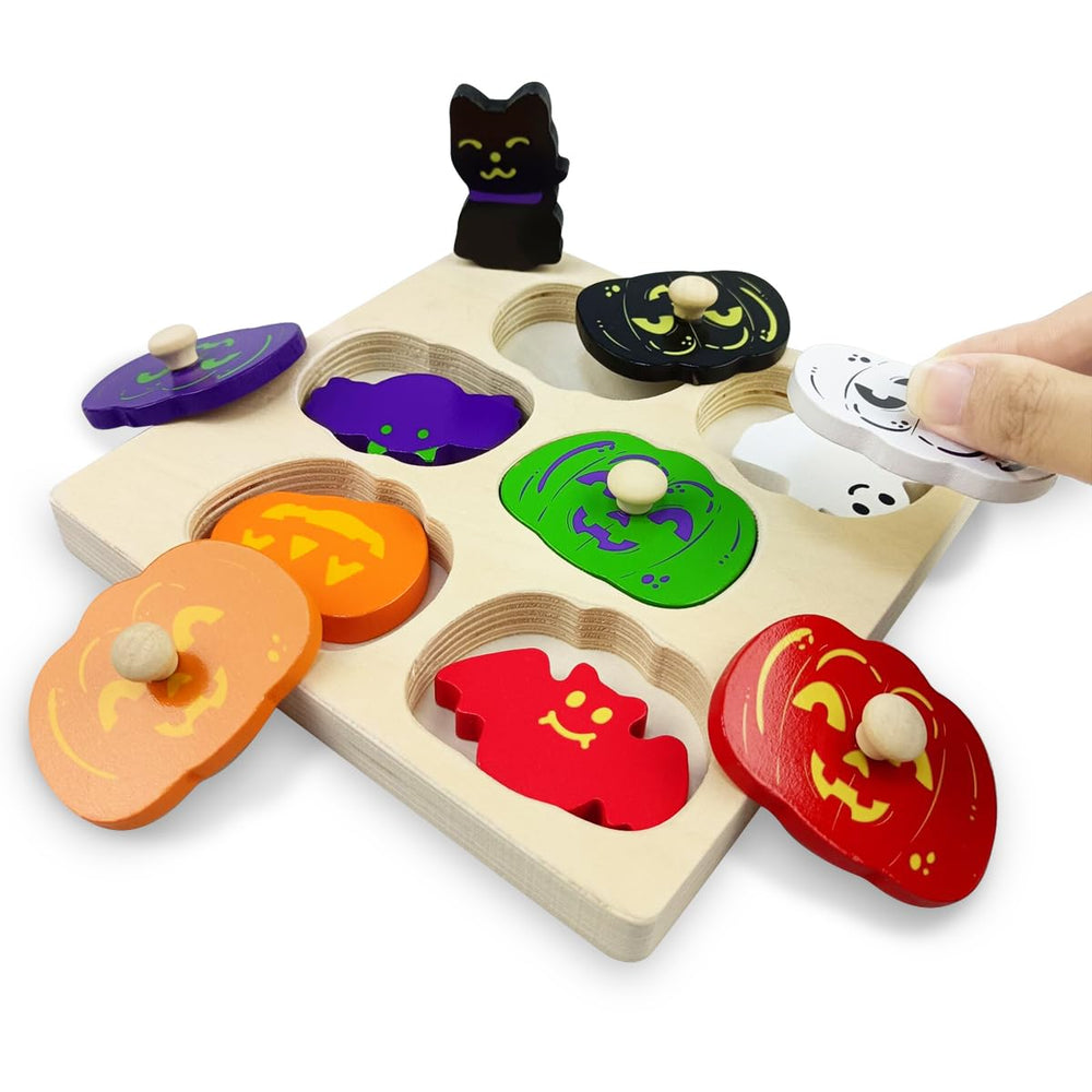 OCBTOW Halloween Pumpkin wooden puzzle lid for tactile learning and play.